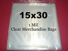 100 LARGE Merchandise Bags 15''x 30'' Clear 1 Mil Plastic Apparel Bags 15x30