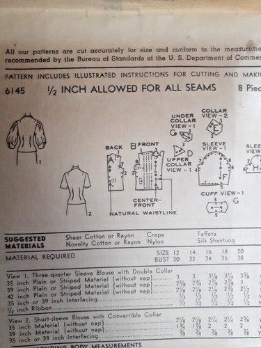 Shirt Blouse Pleat Placket 12 Advance 6145 Sewing Pattern VTG 40's Puff Sleeve - Picture 6 of 6