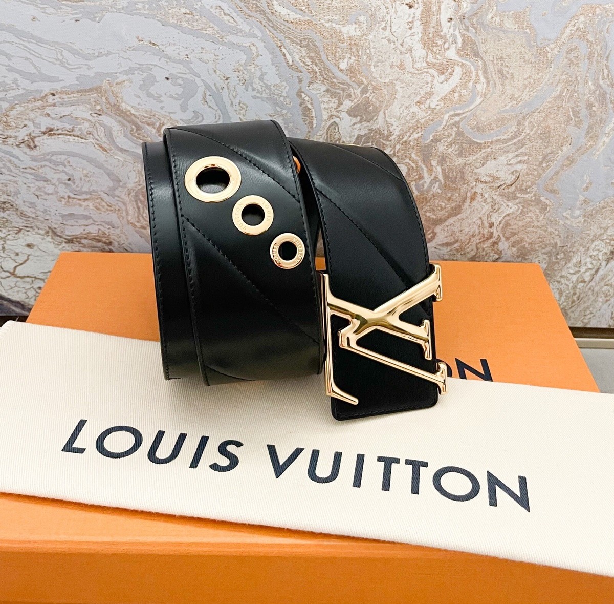Louis Vuitton Initiales Wide Gold Detail Black Leather Waist Belt