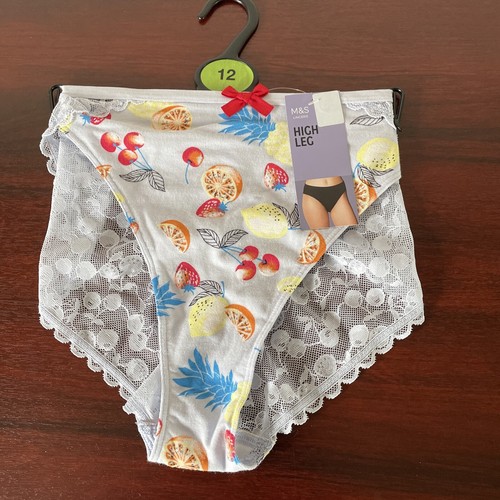 M&S Multi coloured Fruit Print High Leg Lace Back High Leg Knickers Size 12