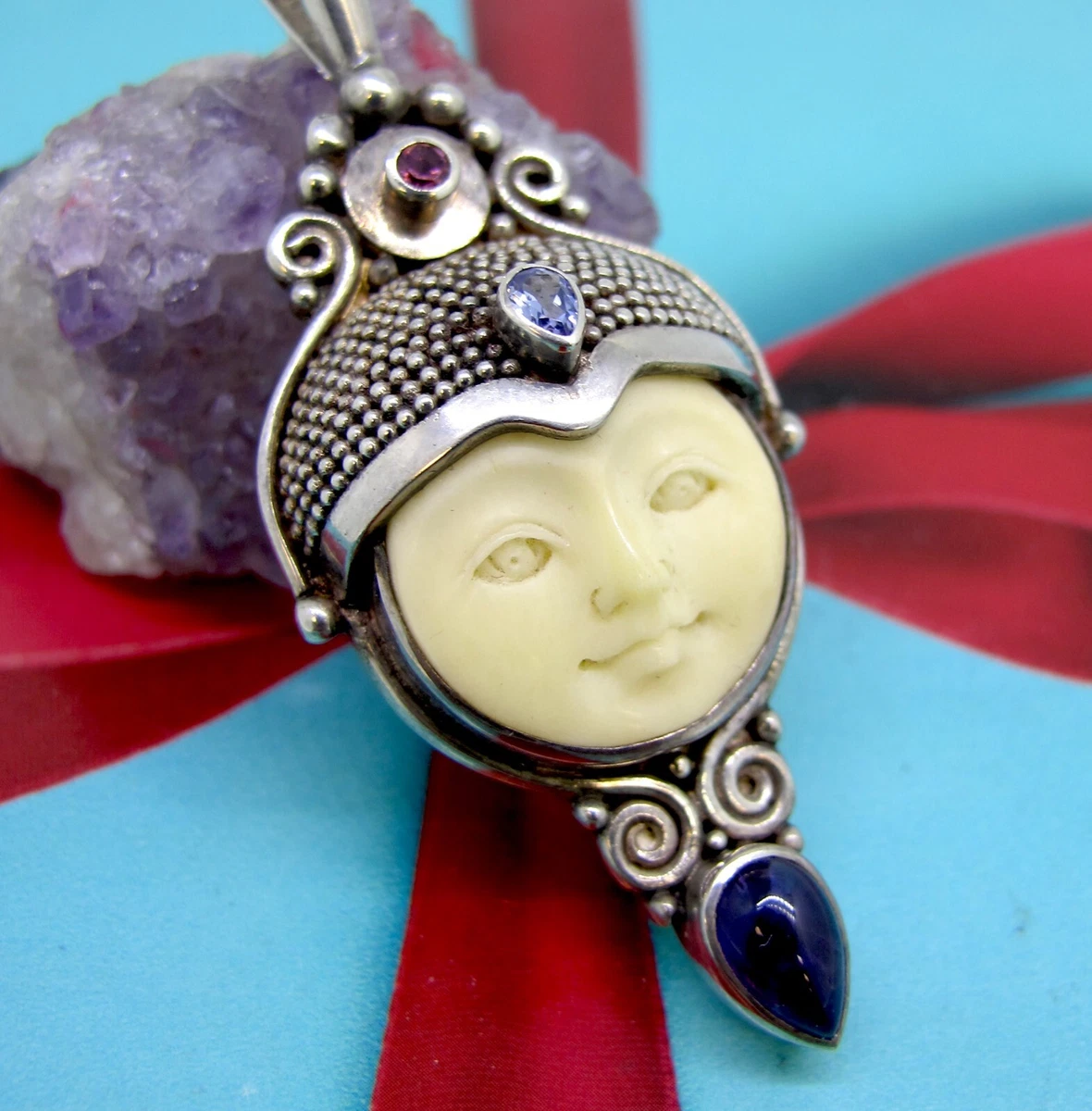 VTG Sajen Sterling Silver Carved Sun Face Open Eyes Goddess Buddha