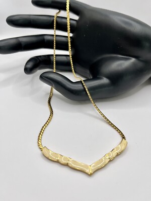 Dainty Vintage MONET V Necklace Enameled Creme Color Gold Tone Signed 15.5 Inch