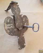 Antique Lock, Inset, for Chest or Trunk Ornate Hand Wrought Iron w Key, 8" Face