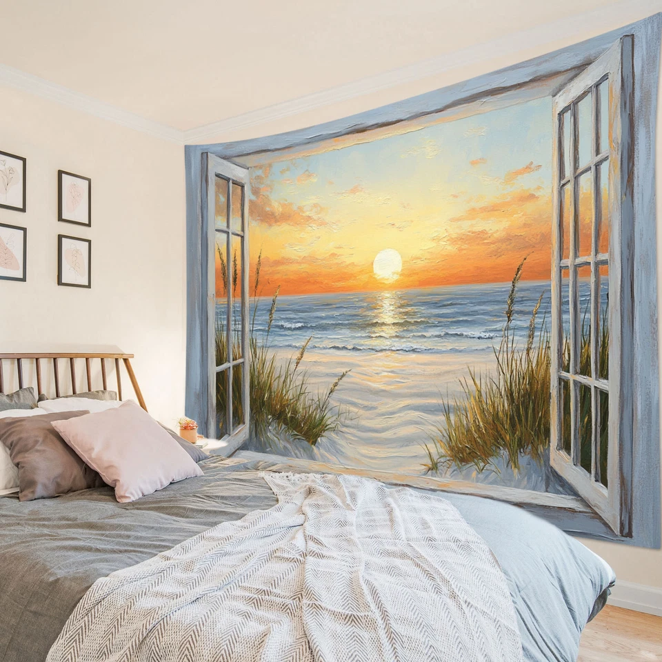 Tapiz costero acuarela océano puesta de sol playa para dormitorio sala dormitorio Foto 2 de 4