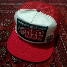 Vtg 1980s Red Man Chewing Tobacco Snapback Mesh Trucker Hat Red Cap USA Native