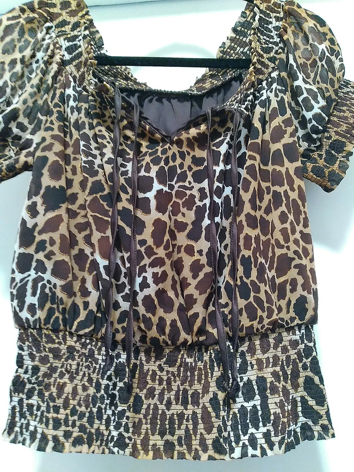 Mujer Tops/Blusa Elástica Manga Hinchada, Cintura Elástica, Corto, Marrón Foto 4 de 4