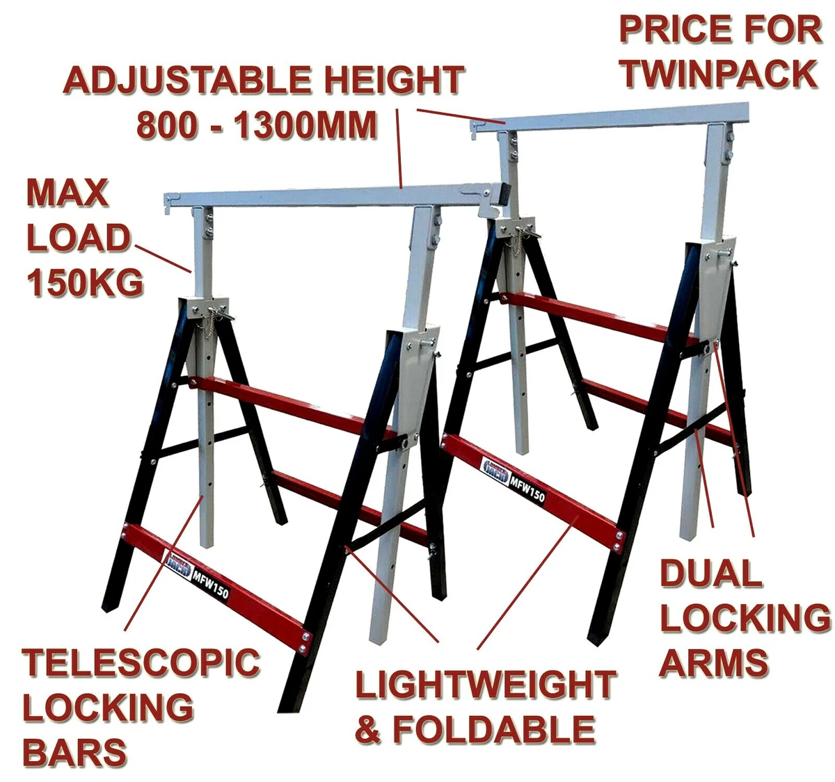 2 x Lumberjack Folding Work Horse Trestle Saw Adjustable Height