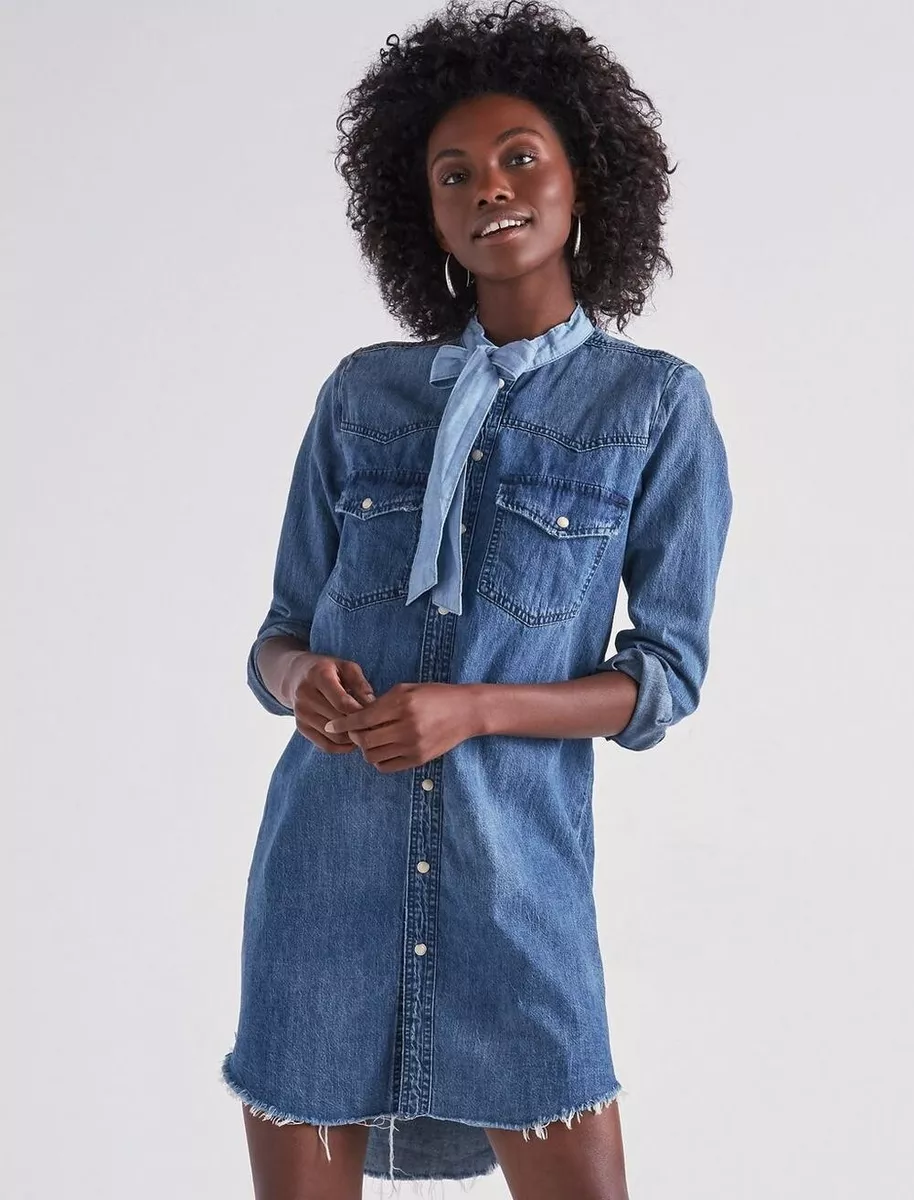 Lucky Brand Ballard Western Denim Shirt Dress Pearl Snap Tie Neck Mini  Small