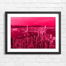 Hong Kong Skyline Lights Harbor Pink Framed Wall Art Print Large Picture Home