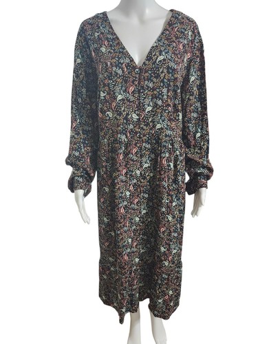 J Jill Dress Women’s Medium Long Sleeve Button Front Midi Paisley Floral Black - Picture 9 of 14