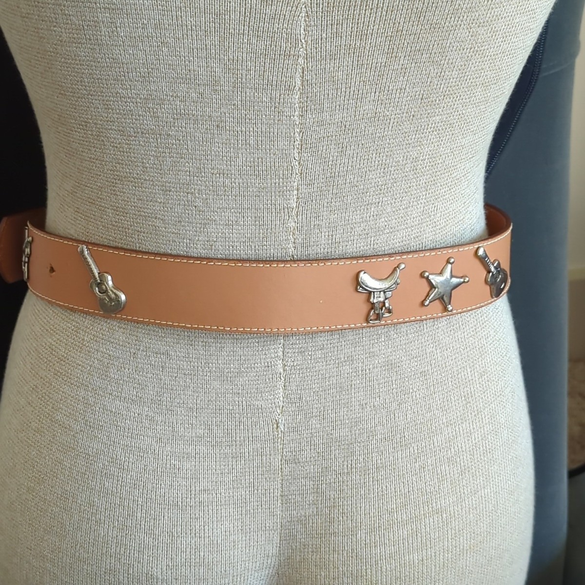 Vtg Prima Collezione By Leather Shop Western Belt Saddle Star & Guitar Size M-lp View 5