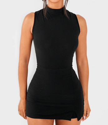 Pretty Little Thing PLT Petite Black Soft High Neck Sleeveless Playsuit Sz M NWT