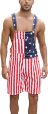 Mens American Flag Overalls Denim Bib Shorts Romper Adjustable Strap with Pocket