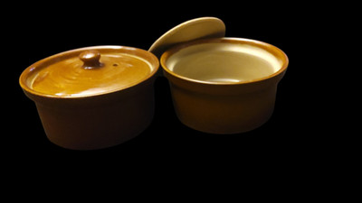 Pearson's Of Chesterfield Pottery Crocks With Lids 2 qty 1/2 Pints Brown Vintage
