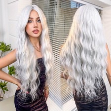 28in Silver Gray Long Curly Wig Hair Net Synthetic Hair Wig Daily Heat Resistant