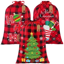 3 Pieces Christmas Drawstring Gift Bag Buffalo Plaid Fabric Bag with Drawstri...