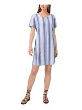 VINCE CAMUTO Womens Blue Striped Short Sleeve Scoop Neck Short Shift Dress S