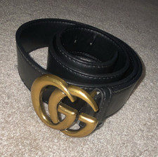Gucci Men's Black/Gold GG Logo Buckle Dress Belt Adjustable Size 46