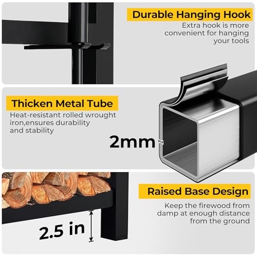  Firewood Rack Indoor with Tools 5-Piece Fireplace Tools Set Wood Holder Black