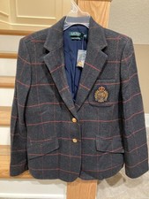 Lauren Ralph Lauren NWT Woman Size 12 Windowpane Plaid Blazer w/ Logo Crest