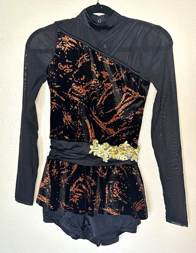 Weissman Girls SA Black/Copper Long Sleeve Mesh Rhinestone Ice Skating Dress