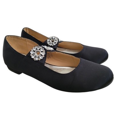 Badgley Mischka Marina Grommet Black Satin Mary Jane Flat Rhinestone Size 5 READ