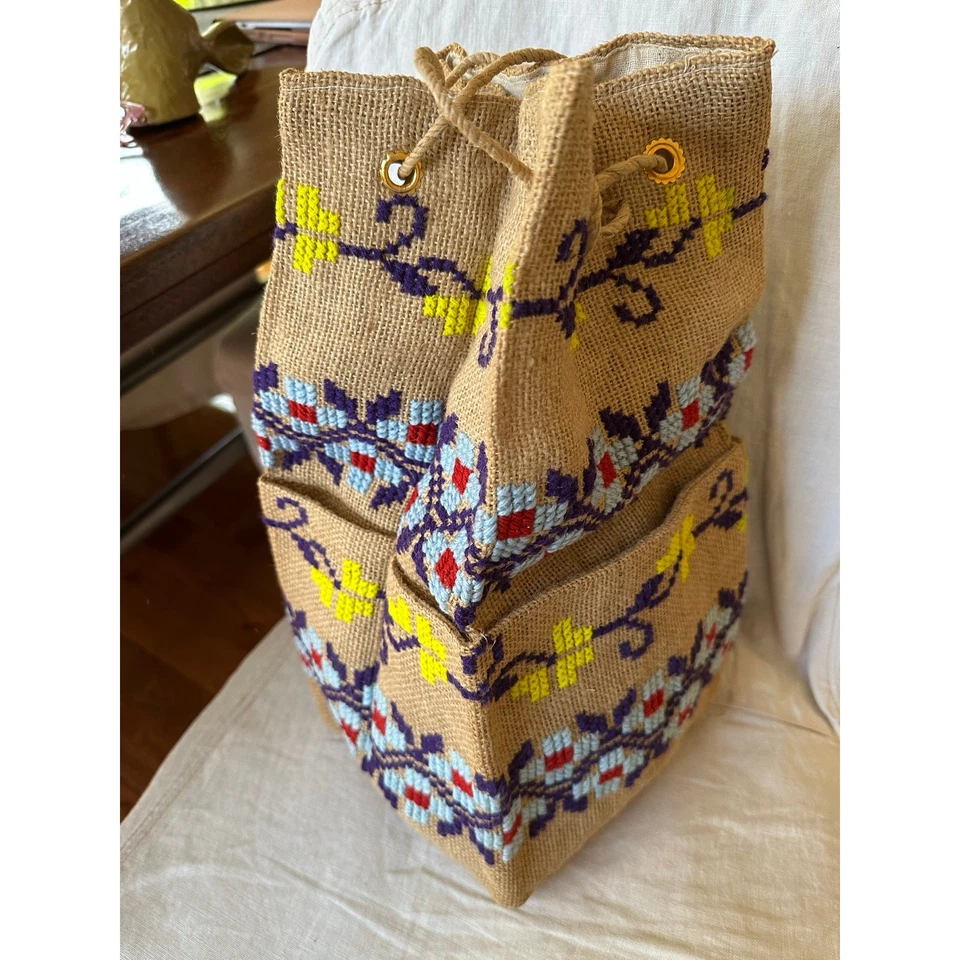 Bolso Saco Vintage Cordón Yute Bordado Algodón Hecho a Mano Bohemio Viaje Foto 2 de 4