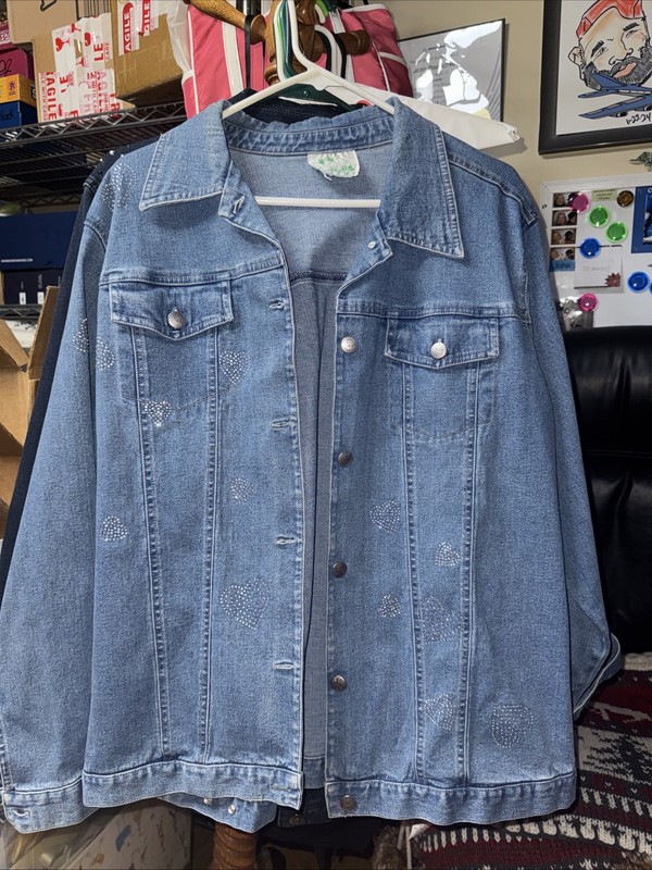 Quacker Factory Blue Denim Embellished Hearts Stretch Jacket Size 1X