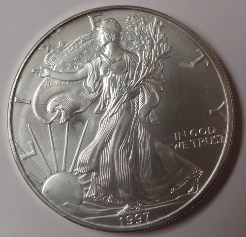 1997 SILVER EAGLE BRILLANT UNCIRCULATED NICE COIN LITE GOLDEN EDGE TONING