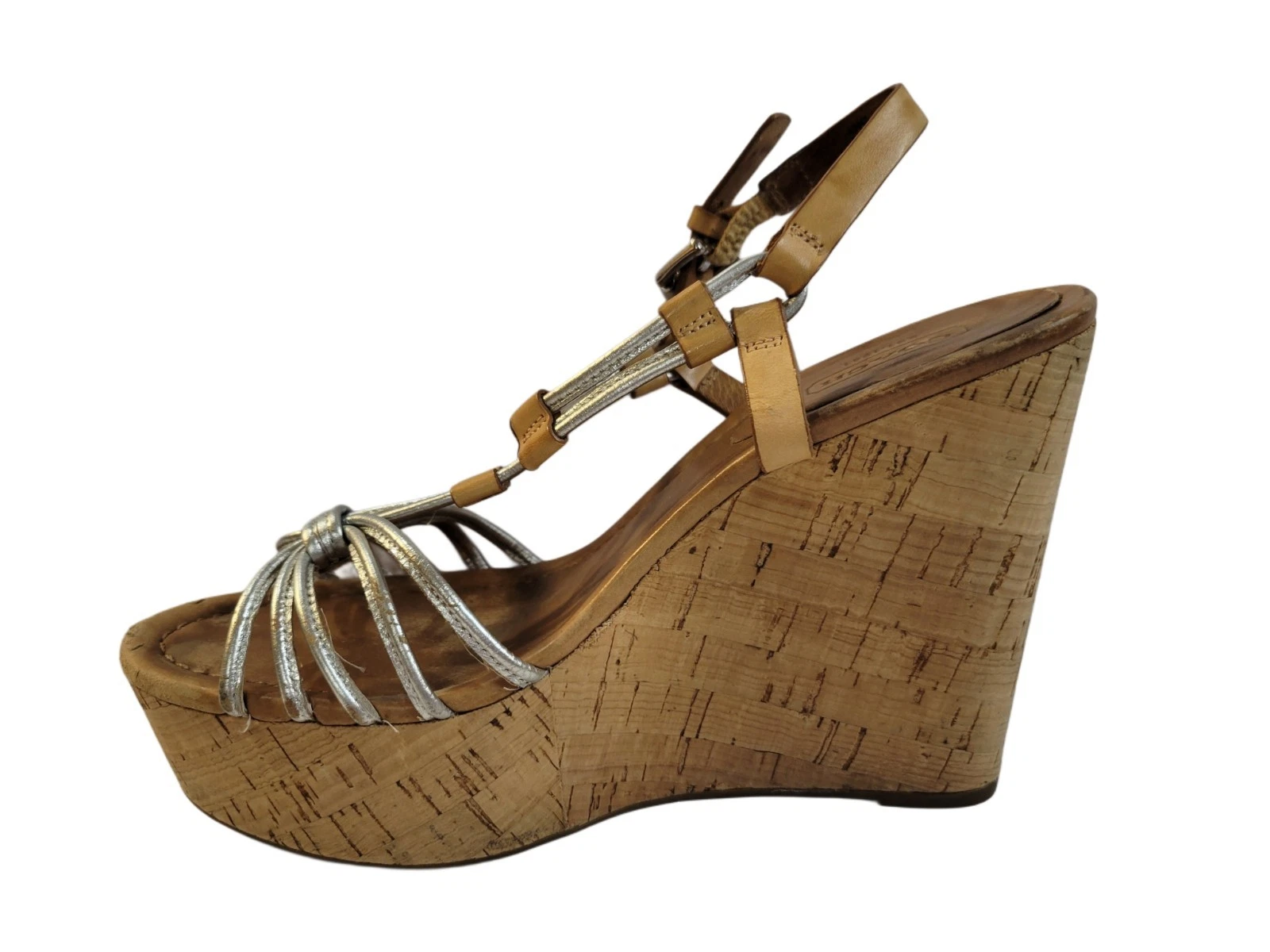 Scarpe sandalo donna Coach Georgiana argento marrone pelle sughero plateau zeppa 7 5