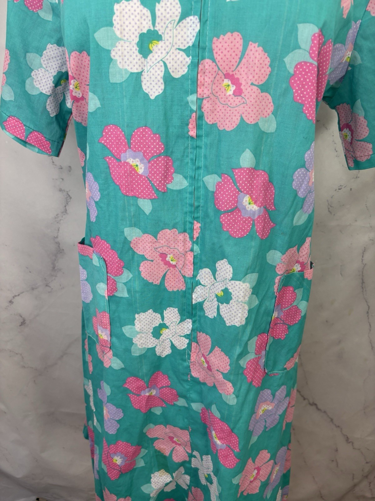 Vtg 70s MOD House Dress Floral Zip Front Belted Pockets Housewife Cottagecore L