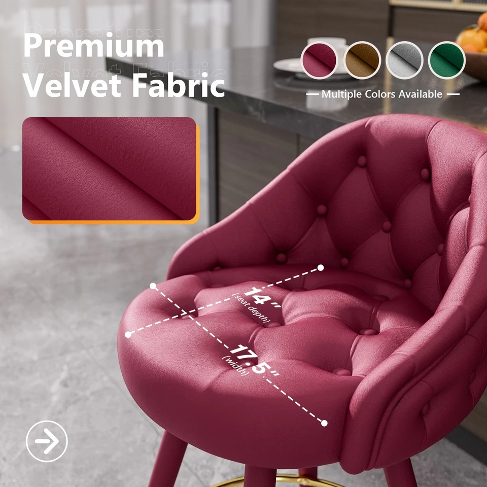 Velvet Swivel Bar Stools Set of 2/4  26 Inch Tufted Counter Chairs with Footrest - Image 4 of 4
