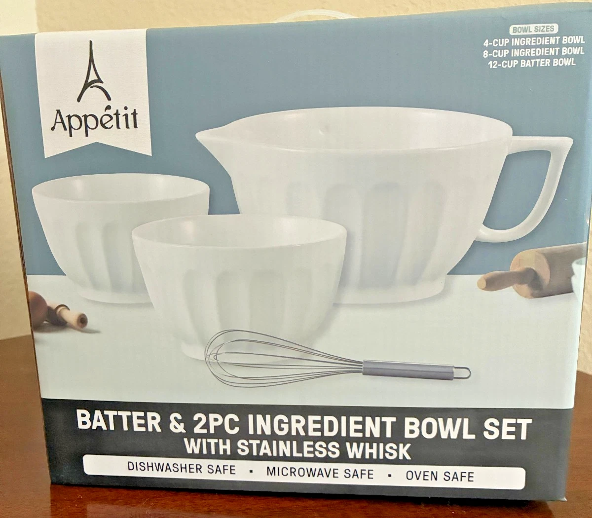 Batter and Bowl Set - NIB - 3 Pieces Stackable with Stainless Whisk