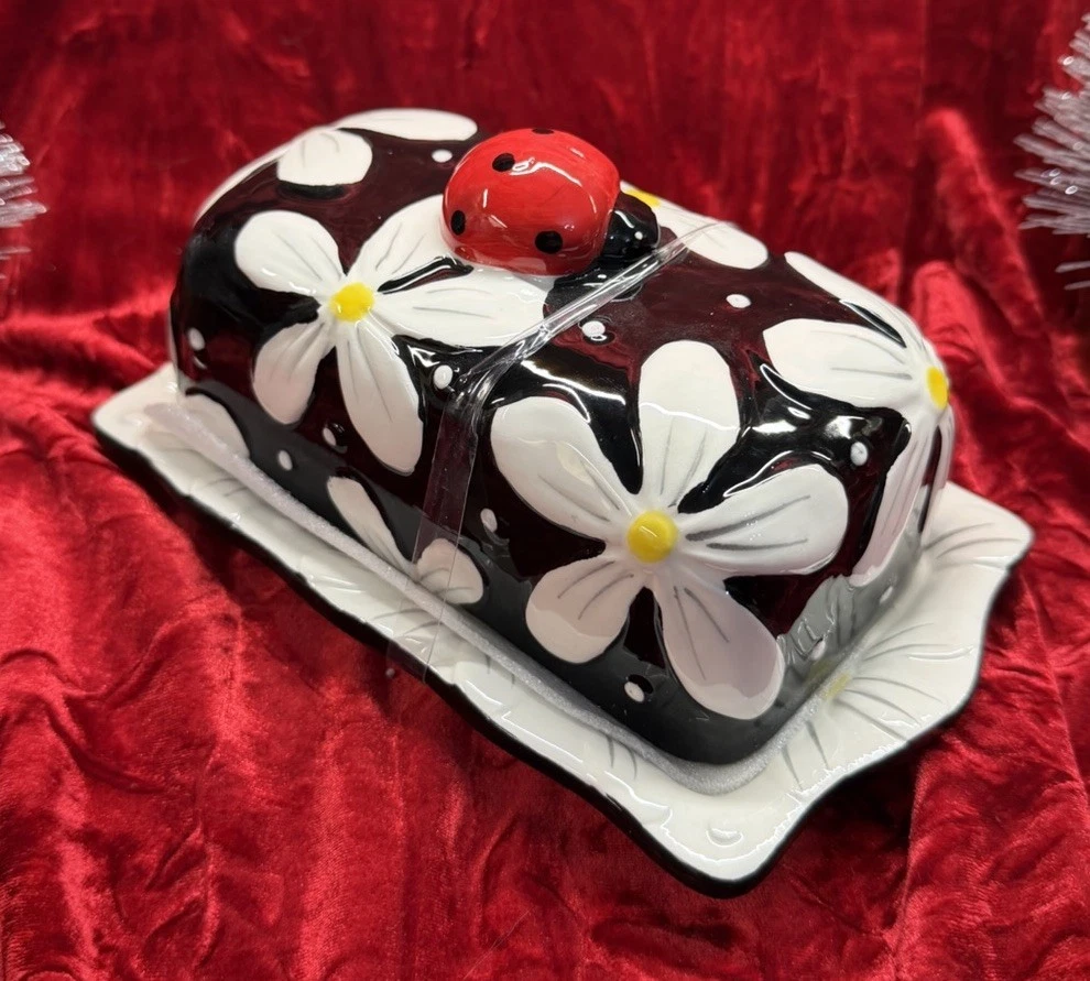 Arlington Black White Daisy Ladybug 7” Butter Dish Ceramic Farmhouse New