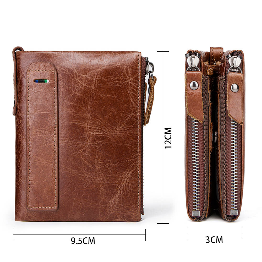 Microseven Men's Genuine Leather RFID Bifold Wallet – Double Zipper Coin Pocket
