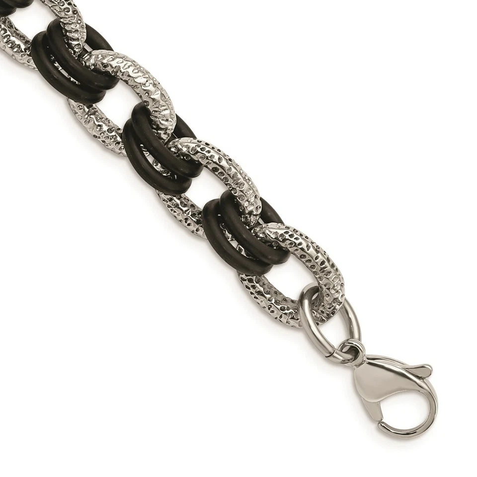 Pulsera de acero inoxidable texturizada y goma negra de 9 pulgadas
