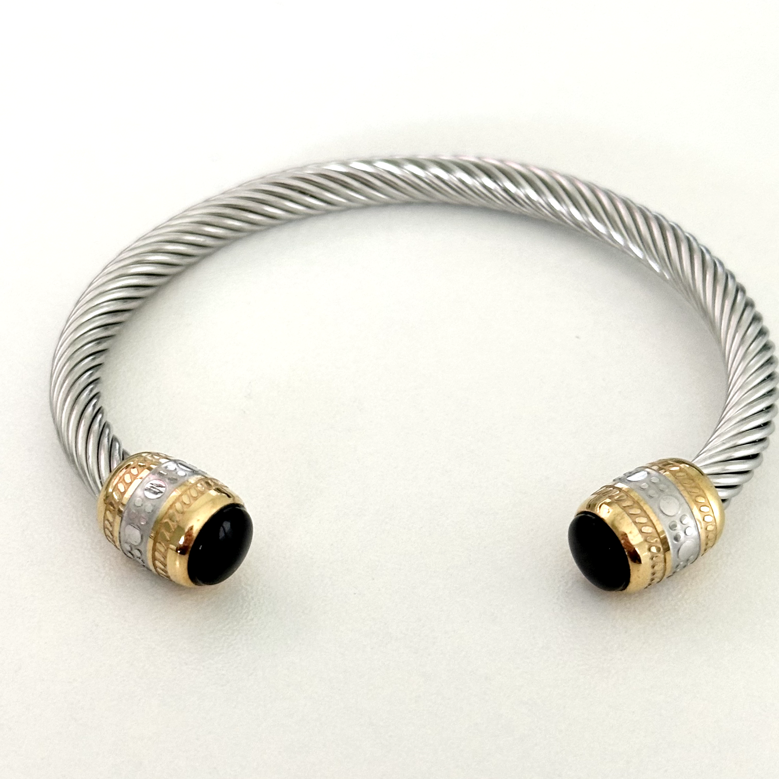 Elegant Ladies Silver Gold Tone Black Onyx Cable Bracelet Adjustable Design