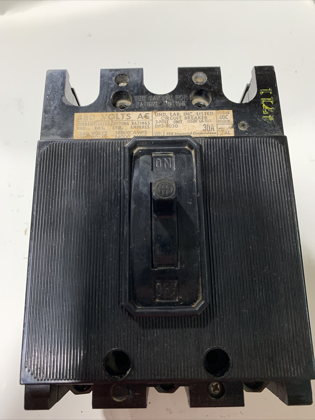 ITE IND CIRCUIT BREAKER, EH3-B030, 30 A, 3 P, EH TYPE, 277V, 14 kA@ 480 ...