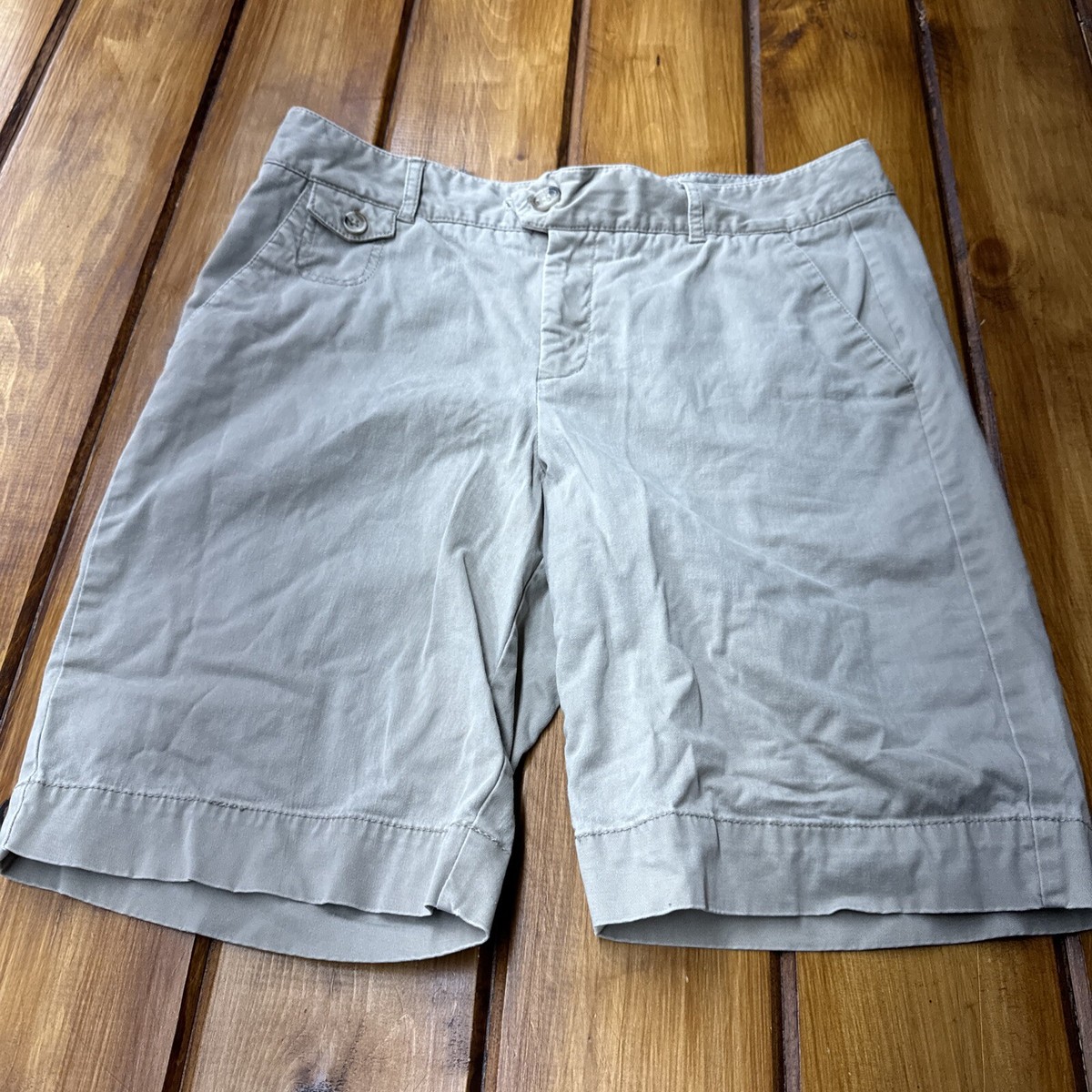 DOCKERS Flat Front Shorts Womens 12 Khaki Stretch Mid Rise Beige