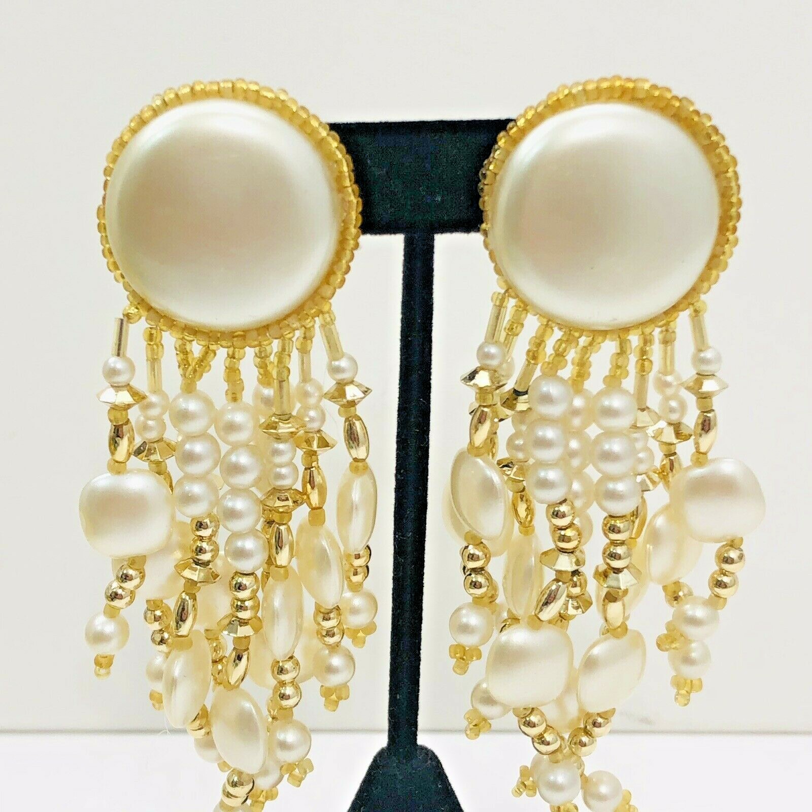 Vintage Pearl Chandelier Clip Earrings Beaded Dangle Statement Shoulder