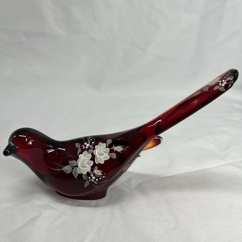 Fenton Glass Hand Painted Red Amberina  Bird w/ White Florals Signed, Sticker