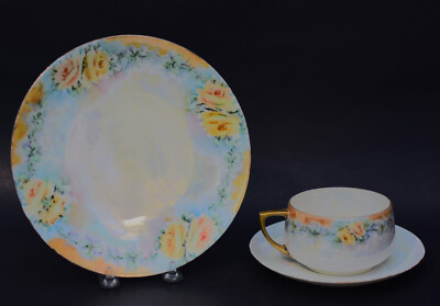 3 PIECE ANTIQUE JAEGER J&C BAVARIA IRIDESCENT FLORAL SALAD CUP SAUCER SET #4