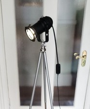 Vintage Retro Floor Lamp, Small Black Stage Theatre Spotlight on Tripod Stand
