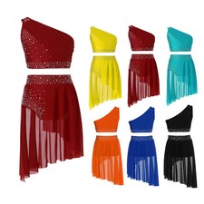 Kids Girls Dancewear Elastic Waist Crop Top With Skirted Briefs One Shoulder