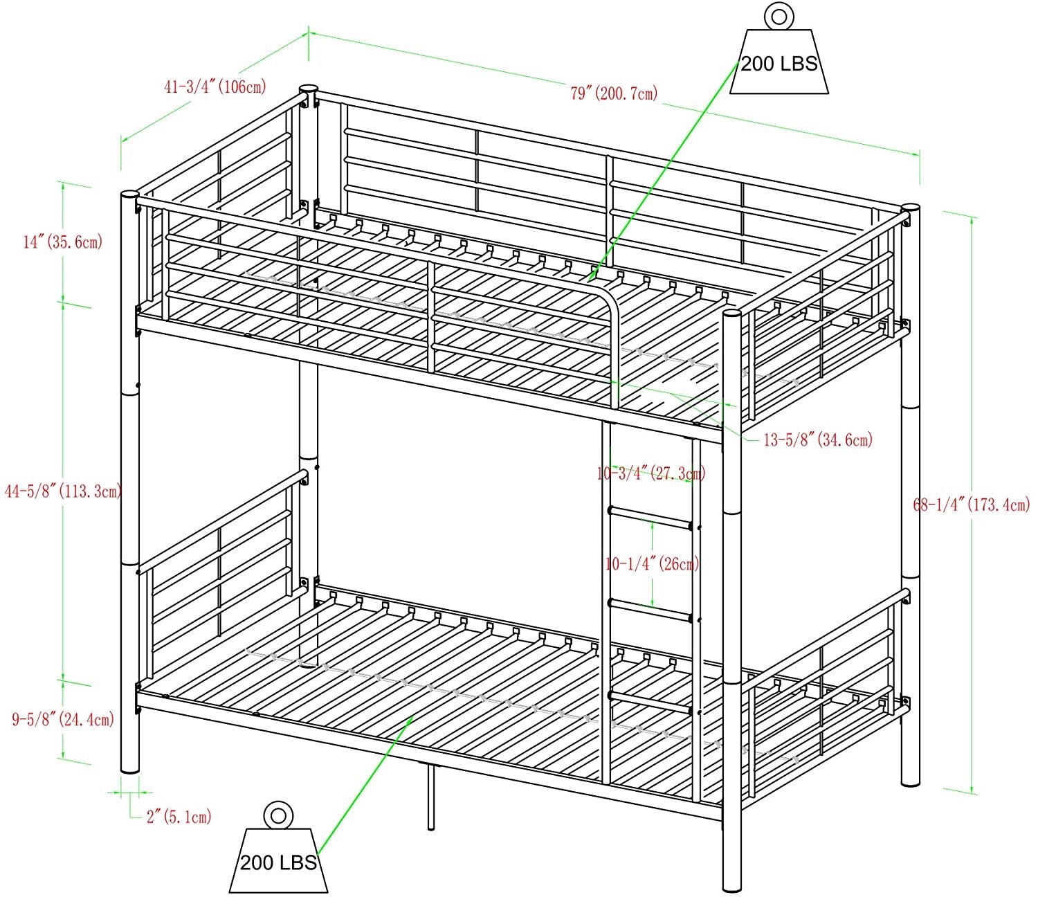 Urban Industrial Twin over Twin Metal Bunk Bed, Twin over Twin, Black