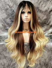 360 Free Part Human Hair Blend Lace Front Wig Long Ombre Brown Balayage Blonde 