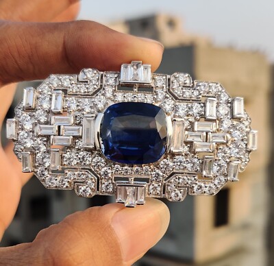 Syn Sapphire Diamond Art Deco Brooch Sterling 925 Silver