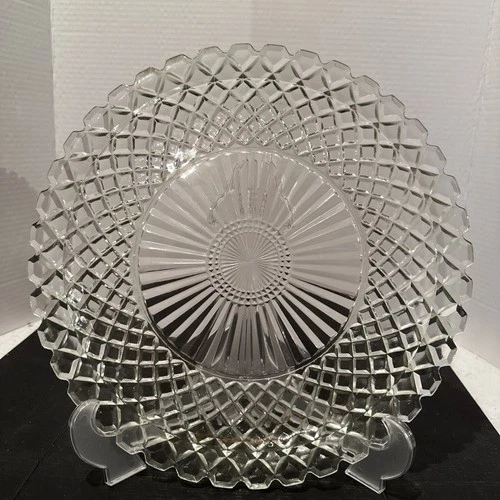 Vintage Anchor Hocking 14" Clear Glass Plate - Waterford/Waffle/Diamond Pattern