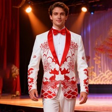 Embroidery Men Suits Sets Tuxedo Wedding Jacket Pant Bow Groom Party Prom Dinner