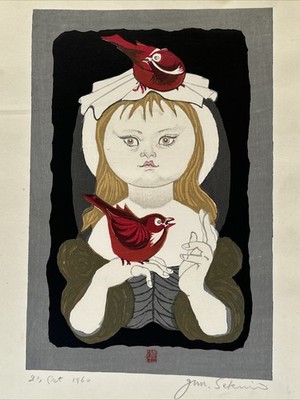 JUNICHIRO SEKINO WOODBLOCK PRINT Red Birds Rare Portrait GIRL MID CENTURY MODERN